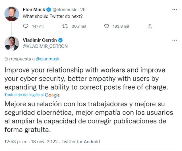 La inesperada respuesta de Cerrón a Elon Musk. Foto: @VLADIMIR_CERRON/captura