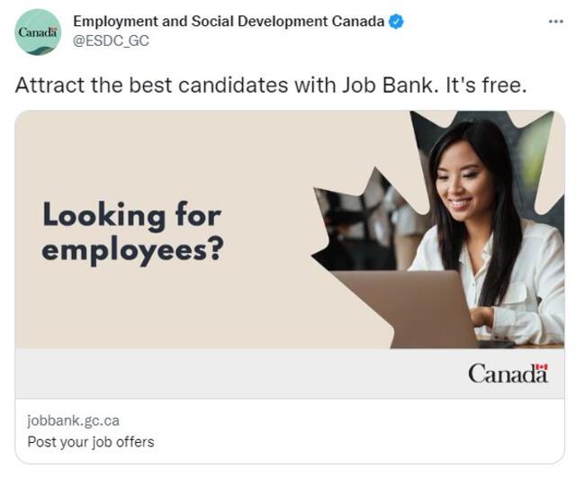 Empleos en Canadá con una plataforma virtual. Foto: captura de Twitter/ @Employment and Social Development Canada