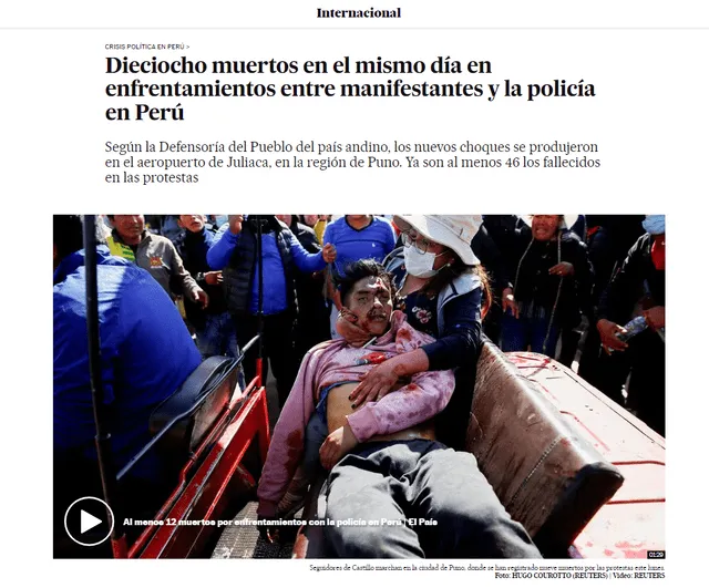 El País de España reportó lo sucedido y criticó la actitud fría de Boluarte. Foto: El País/captura
