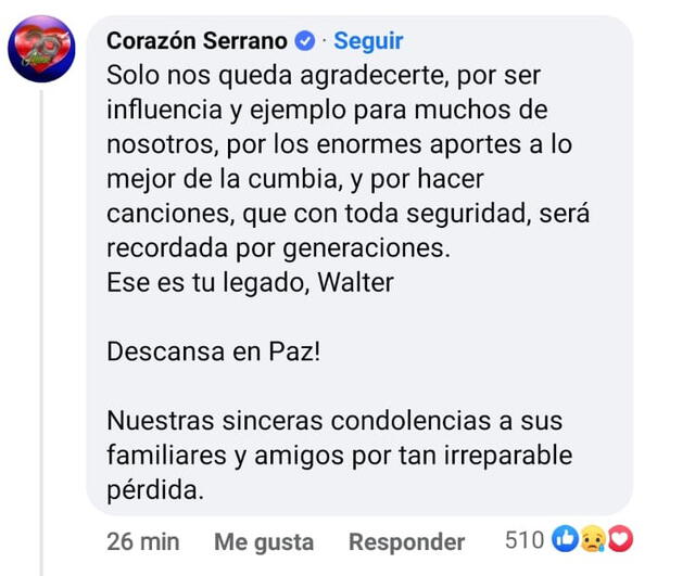 23.7.2022 | Mensaje de Corazón Serrano por la muerte de Walter Lozada. Foto: captura Armonía 10/Facebook
