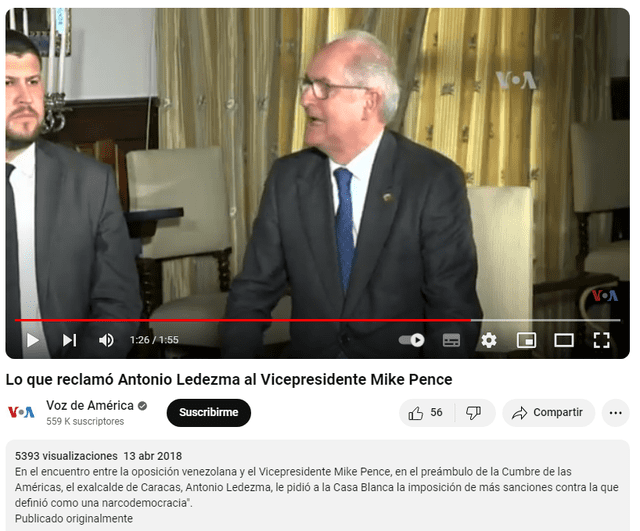  La conversación entre el vicepresidente de Estados Unidos y Antonio Ledezma difundida en 2018. Foto: captura en YouTube / Voz de América.&nbsp;   