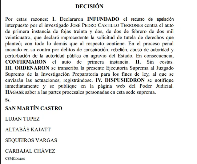 Resolución de la Corte Suprema. Foto: Expediente Corte Suprema de Justicia   