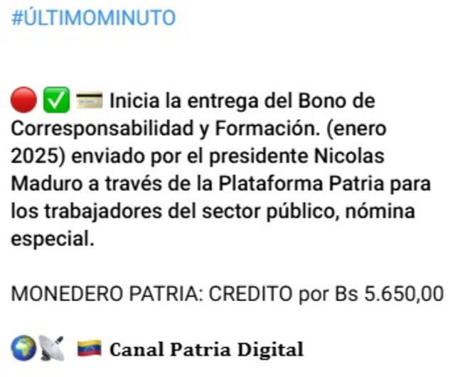 Anuncio del Bono Corresponsabilidad y Formación de enero 2025. Foto: Canal Patria Digital   