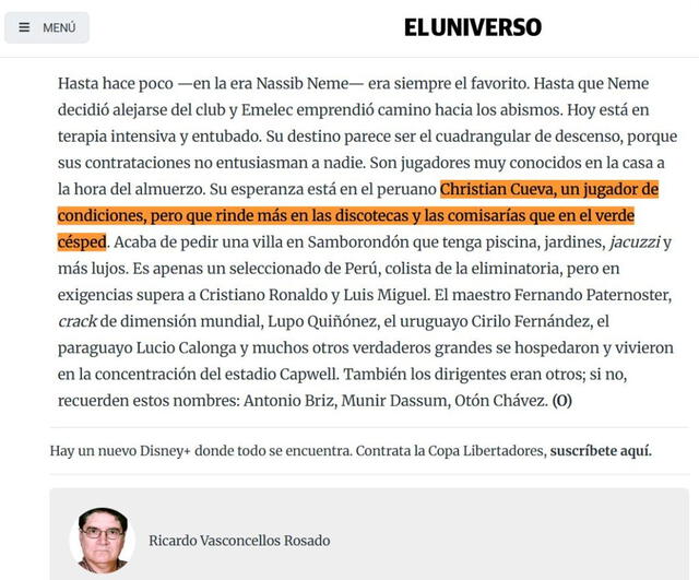 Publicación de Vasconcillos sobre Cueva. Foto: captura de El Universo. Publicación de Vasconcillos sobre Cueva. Foto: captura de El Universo.