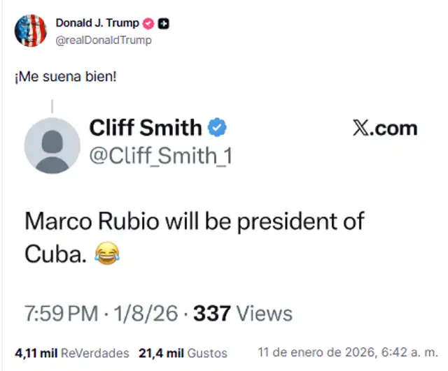  Un usuario en X sugirió que Marco Rubio sea presidente de Cuba. Foto: @realDonaldTrump/Truth Social<br>  