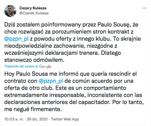 Mensaje del presidente de la PZPN. Foto: captura Twitter Cezary Kulesza