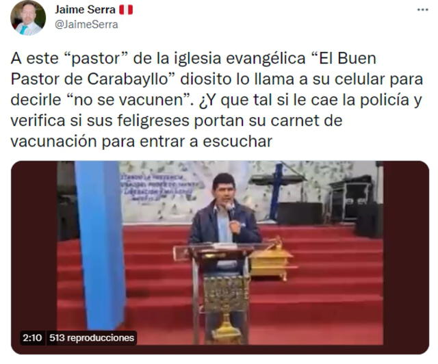 Ciudadanos critican a pastor que pide a sus seguidores que se vacunen contra la COVID-19. Foto: captura de Twitter