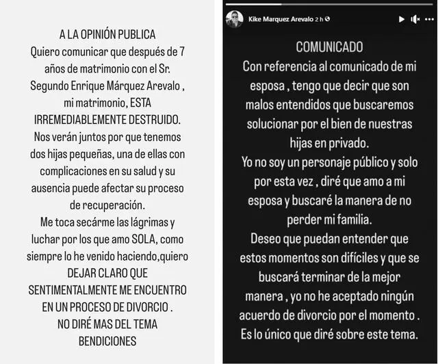  Comunicados de Génesis Tapia y Kike Márquez, respectivamente. Foto: captura de Instagram<br><br>    
