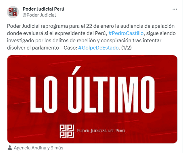 Tuit del PJ sobre el caso del exmandatario Pedro Castillo. Foto: Poder Judicial   