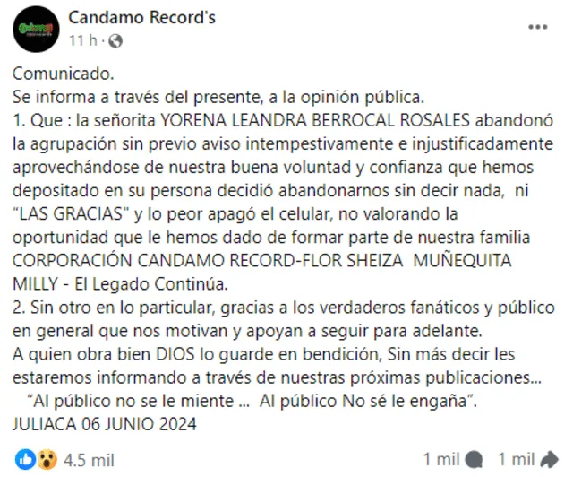  Candamo Record's sobre inesperada renuncia de Dulce Yorena, sucesora de Muñequita Milly. Foto: captura Facebook/Candama Record's 