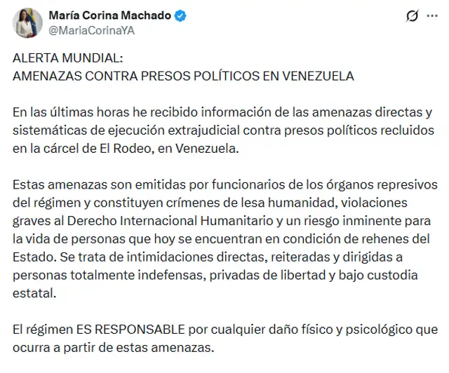  Comunicado de María Corina Machado donde alerta amenazas contra presos políticos. Foto: X/MariaCorinaYA    