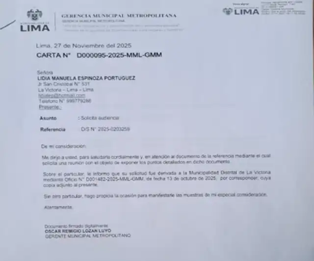  Vecinos enviaron también un documento a la MML, que a pesar de ser la encargada de ejecutar la obra, respondió que enviarían el oficio a la comuna de La Victoria. Foto: Cortesía.   