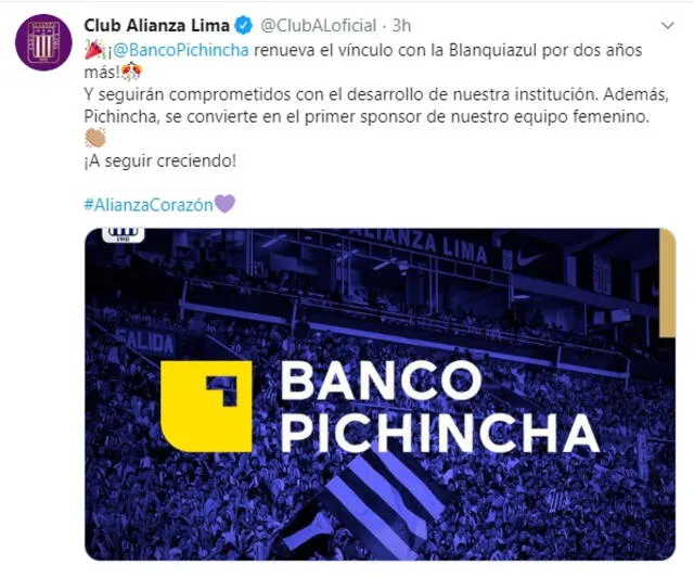 Alianza Lima: Banco Pichincha renovó por dos años.