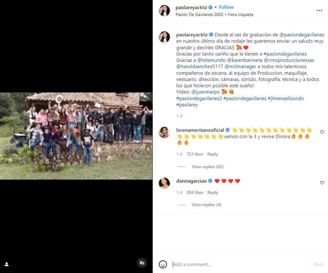 Paola Rey junto a compañeros de reparto y equipo de Pasión de gavilanes 2 en su final de rodaje. Foto: captura de Instagram/@paolareyactriz