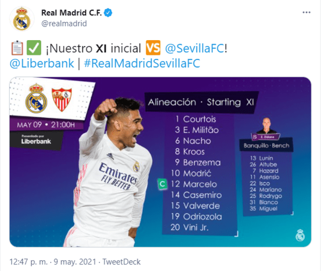 Tuit de Real Madrid. Foto: Captura de Twitter