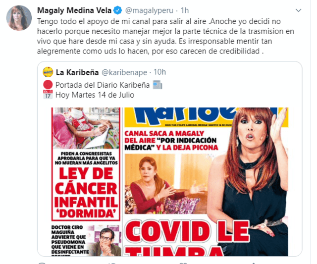 Magaly Medina responde a diario local. Foto: Captura Twitter.