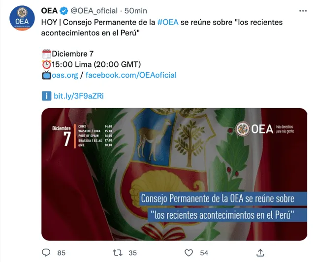 Pronunciamiento de la OEA sobre la situación en el Perú. Foto: captura de Twitter