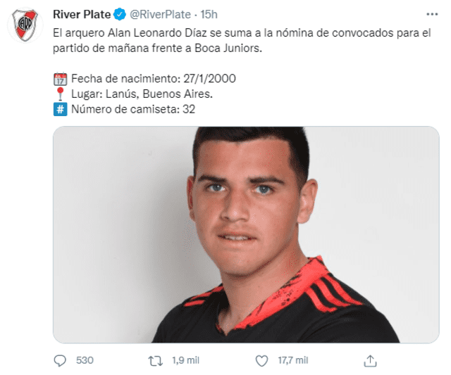 River incluyó en la lista de convocados al juvenil Alan Díaz, debido a que los otros cuatro porteros dieron positivo al nuevo coronavirus. Foto: Captura