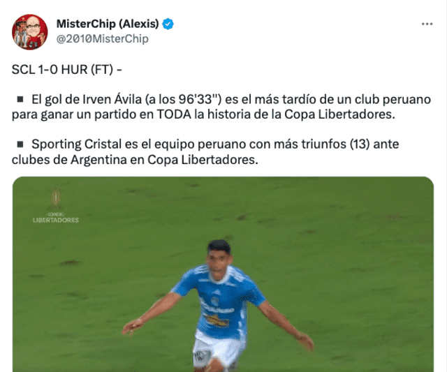 Estadísticas de Mister Chip sobre Sporting Cristal. Foto: captura Twitter/Mister Chip.   