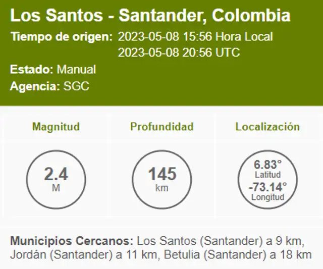 Último temblor registrado en Colombia el lunes 8 de mayo. Foto: SGC Último temblor registrado en Colombia el lunes 8 de mayo. Foto: SGC