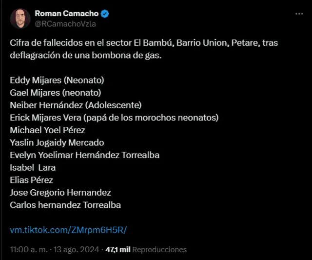 Esta es la lista de fallecidos por la explosión de una bombona de gas en Petare. Foto: Roman Camacho/ X