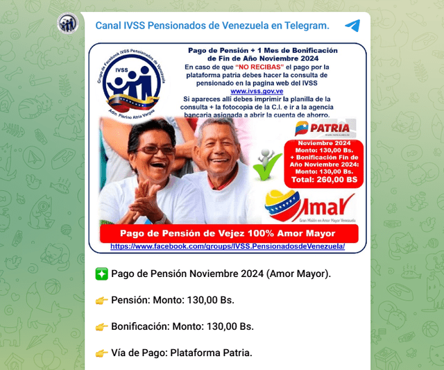 Los pensionados de Amor Mayor recibieron un pago doble el 5 de noviembre. Foto: Canal IVSS Pensionados de Venezuela/ Telegram