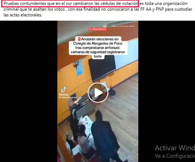 Post en Facebook que asocia fraude en Colegio de Abogados de Puno con las Elecciones Generales 2026. Foto: Facebook  