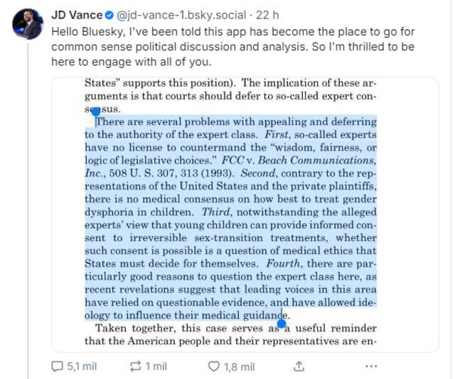 This was the posted that bans JD Vance's account on BlueSky. Photo: BlueSky This was the posted that bans JD Vance's account on BlueSky. Photo: BlueSky