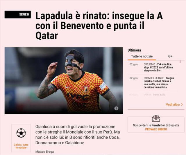 Gianluca Lapadula fue elogiado por la Gazzetta de Italia. Foto: Captura Gazzetta