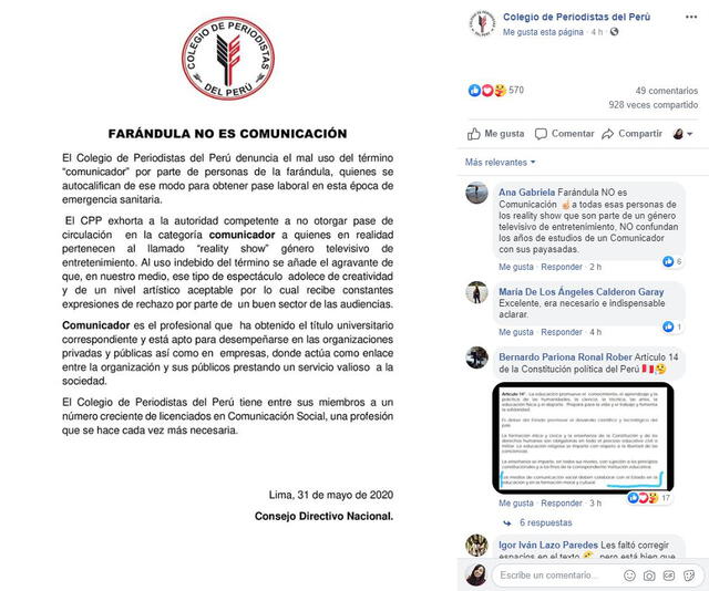 Colegio de Periodistas del Perú arremete contra integrantes de Esto es guerra