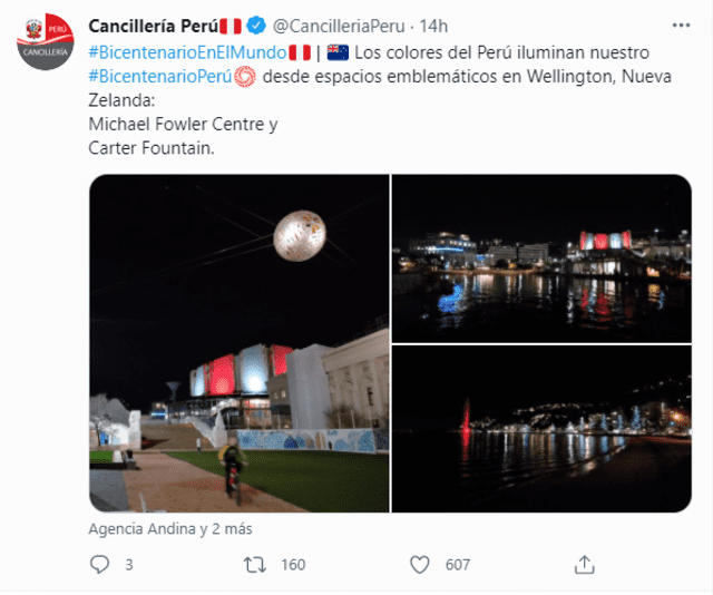 Los colores patrios iluminaron espacios emblemáticos en Nueva Zelanda. Foto: captura de Twitter/@CancilleriaPeru