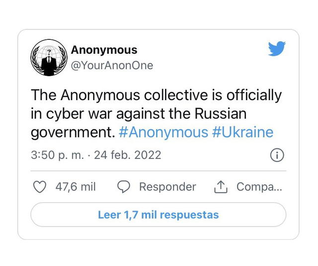 Anonymous declara "guerra cibernética" contra Rusia. Foto: captura de Twitter