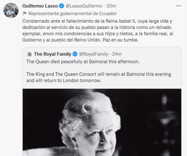 Presidente de Ecuador, Guillermo Lasso: “Consternado ante el fallecimiento de la reina Isabel II”