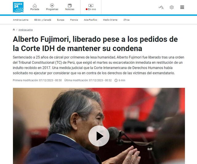 Así informó France 24 sobre la liberación de Alberto Fujimori. Foto: France 24   