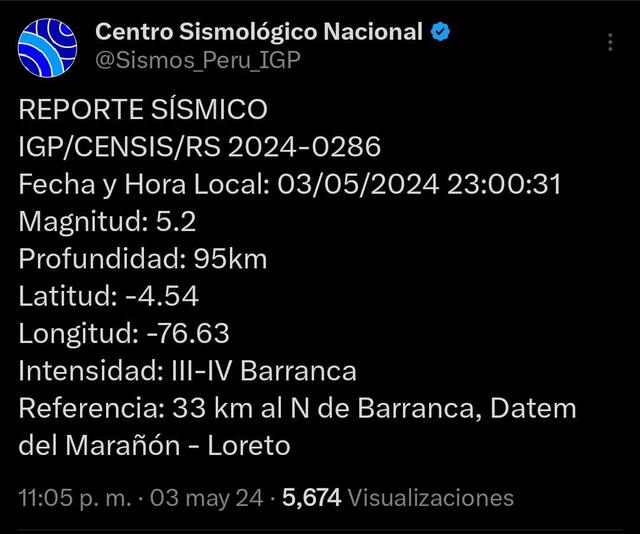  Reporte sísmico en Loreto.   