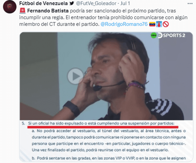 Fernando Batista fue visto, aparentemente, conversando con su cuerpo técnico en el partido ante Jamaica. Foto: FutVEGoleador/X   