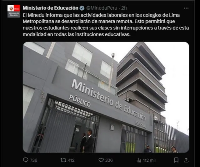 Minedu anunció suspensión de clases presenciales tras paro de transportes. Foto: Minedu    