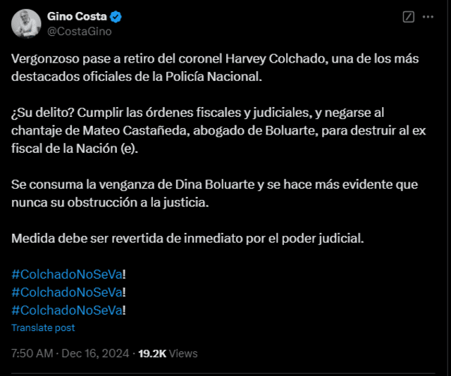 Tweet de Gino Costa sobre el pase al retiro de Harvey Colchado   