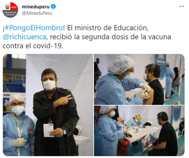 Ministro Ricardo Cuenta recibió la segunda dosis de la vacuna contra la COVID-19 en el estadio Manuel Bonilla de Miraflores. Foto: Minedu