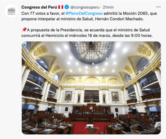 Pleno del Congreso aprobó moción contra Condori. Foto: Twitter del Congreso de la República