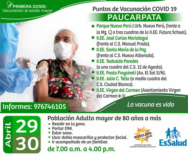 COVID-19: puntos de vacunación para mayores de 80 años en Arequipa