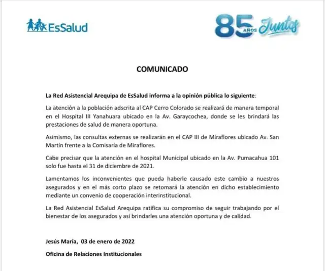 Comunicado anunció medidas temporales. Foto: EsSalud