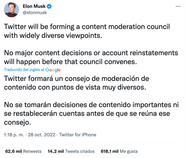 Mensaje de Elon Musk sobre cuentas suspendidas. Foto: captura LR/Twitter.