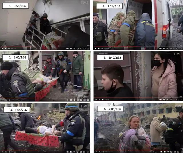 Secuencia de imágenes del video que muestra la evacuación de personas luego del bombardeo al hospital infantil. Fuente: Composición LR, Time.