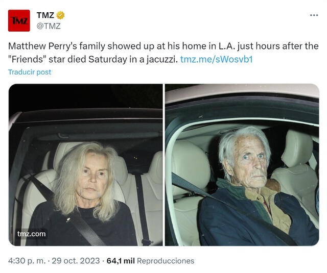 TMZ captó a la familia de Matthew Perry llegando a la casa del actor en Los Ángeles, horas después de que muriera en un jacuzzi. Foto: X / TMZ   