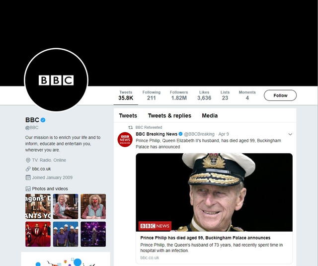 <em> Cuenta de Twitter de la BBC con logo negro el 10 de abril de 2021. Fuente: captura de Twitter</em>   