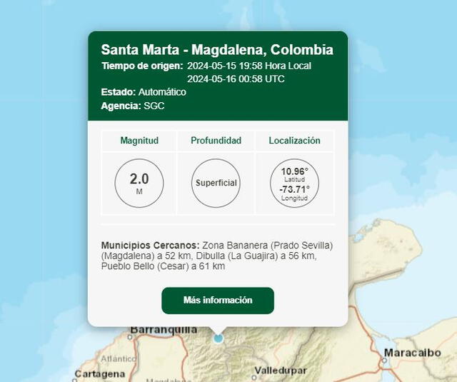 Último sismo en Colombia. Foto: SGC   