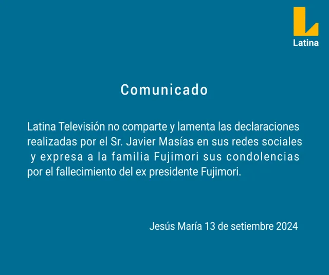 Latina SE PRONUNCIA por los desafortunadas MENSAJES de Javier Masías tras muerte Alberto Fujimori 