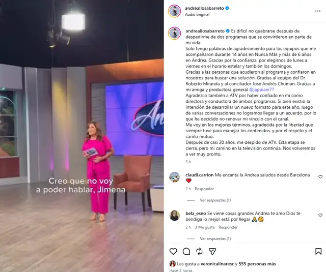 Andrea Llosa y su comunicado anunciando su salida de ATV. Foto: Instagram.   