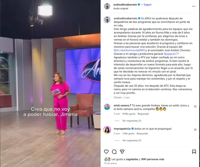 Andrea Llosa se despide de ATV 